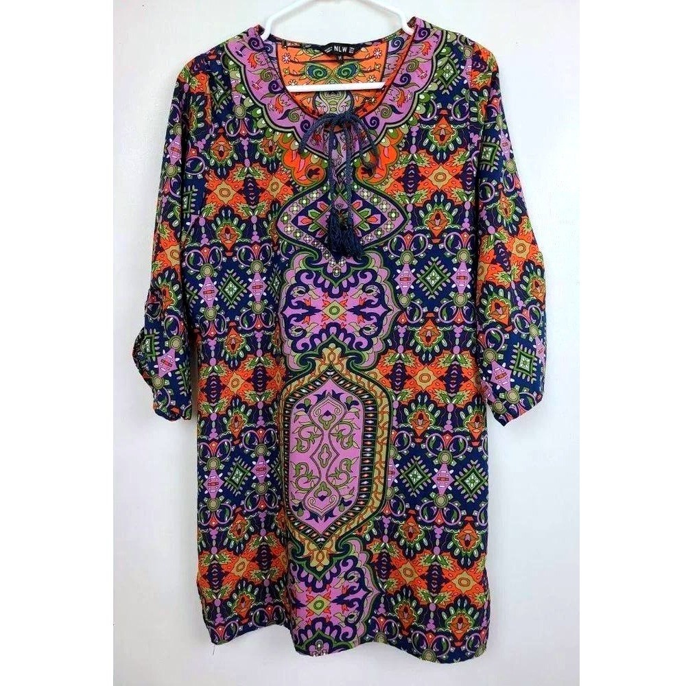 NLW Tunic Top Womens Medium Boho Paisley Tassel Tie Tab Sleeve Festival